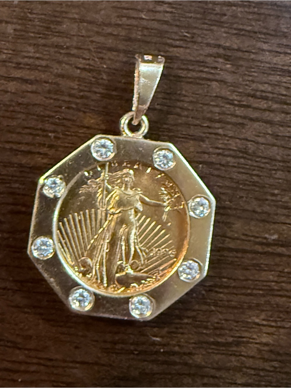 22k solid gold $5 American eagle coin pendant with 14k  gold bezel and diamonds